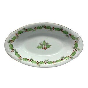 Vintage Hand-Painted Christmas Holly Oval Porcelain Bowl – Gold Trim